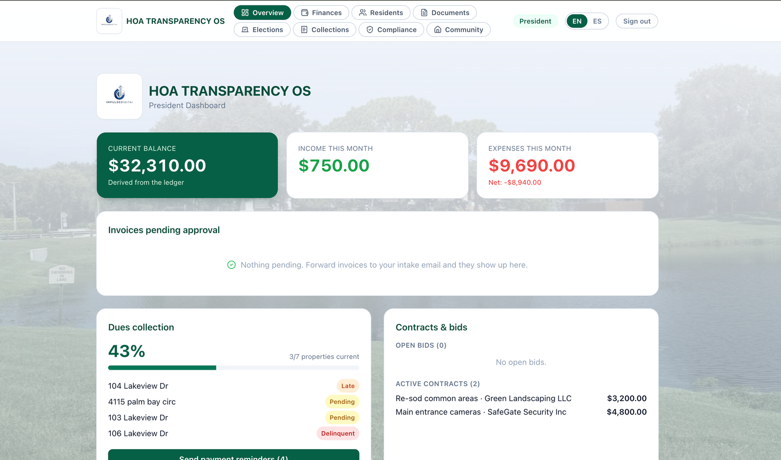 HOA Transparency OS — president dashboard